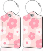 2Pack Luggage Tags for Suitcases, Cute Unique Pu Leather Cruise Luggage Tag with Privacy Cover ID Label Address Card and Metal Ring Suitable for Women Men Kids Travel Bag Pink Large Flower