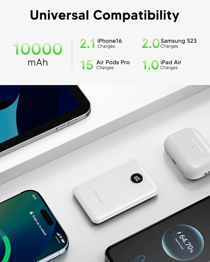 Portable Charger,Ultra Slim 10000mAh 22.5W Power Bank,USB C in/Output Fast Charging Mini Battery Pack Compatible with iPhone 17 16 15 14 Samsung S23 S22 S21 Google iPad etc (White)