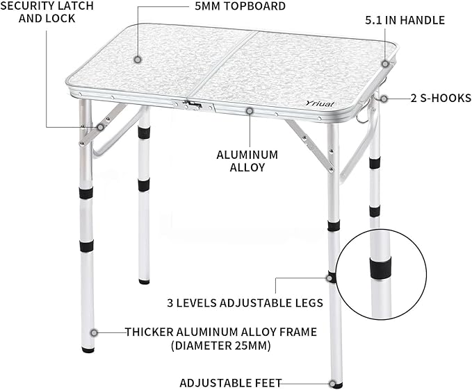 Yriuat Folding Camping Table 2ft Portable Pinic Table Adjustable Height Small Card Table Aluminum Foldable Lightweight with Carry Handle for Outdoor Indoor Hiking Camp BBQ Beach