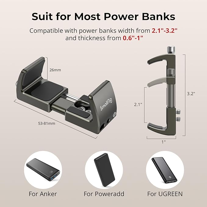 SMALLRIG Power Bank Holder, Power Bank Clamp Mount for Camera, Compatible with Width Range 2.1"–3.3" and Thickness Range 0.6"–1" Power Banks2790 (Pack of 2)