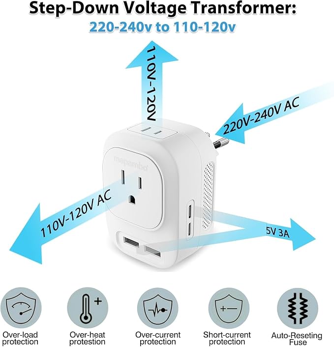 220V to 110V Voltage Converter US to Europe with 2 USB A & 2 USB C Ports Fast Charging, Power Converter for European Travel International Universal Travel Adapter for Germany France Italy Spain