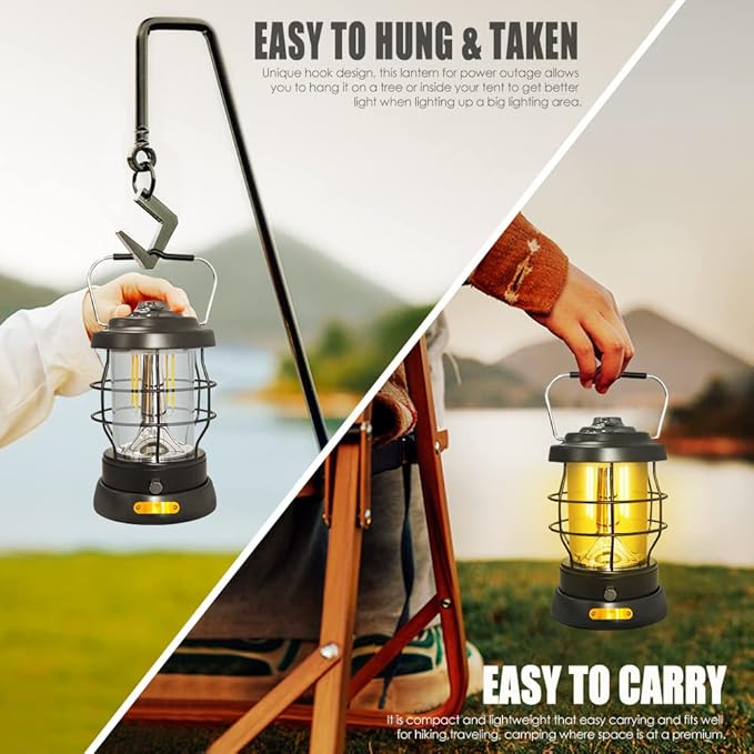 Retro Camping Lantern Rechargeable 1500LM 2 Modes Dimmable,Portable Electric Hurricane Lamp Hands-Free Flashlight,5000 mA High Capacity Battery LED Lanterns for Power Outages Indoor