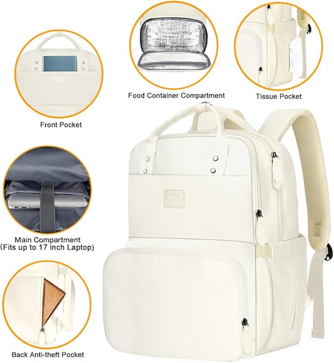 MATEIN Womens Backpack with Lunch Box, 17 Inch Laptop Backpack with Cooler Compartment for Lunch Containers, Large Computer Backpack for Travel Work College Daily, Beige