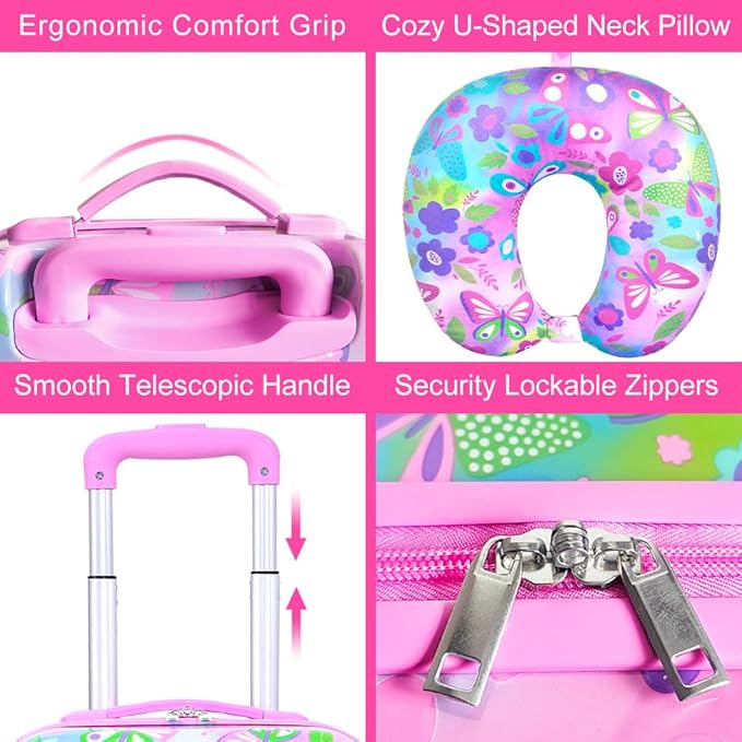 Cute Butterfly Kids Suitcase 2PC Set with 360° Spinner Wheels, Lightweight Travel Carry-On Hardshell Luggage for Girls, Toddler & Elementary Children