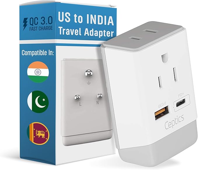 Ceptics India Maldives Power Plug Adapter Travel QC 3.0 & PD, Safe Dual USB & USB-C - 2 USA Socket Compact & Powerful - Use in Pakistan Nepal Sri Lanka - Type D AP-10 - Fast Charging