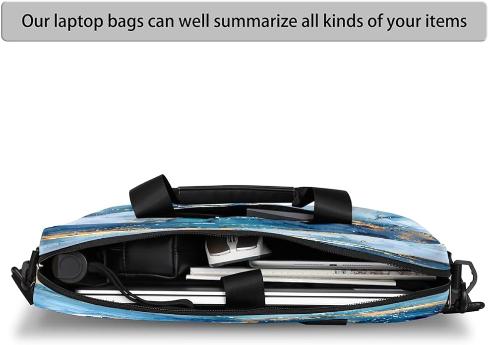 Laptop Bag Teal Blue Liquid Golden Marble Laptop Case Sleeve Messenger Bags with Shoulder Strap Briefcase for Laptop 13 14 14.5 15.6 16 in