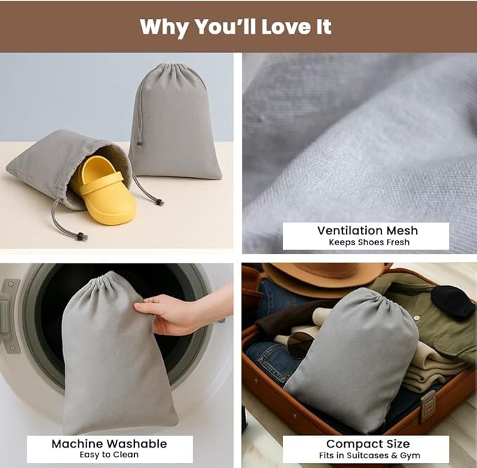 LFH Cotton Rich Shoe Storage Bags with Drawstring, Dustproof Breathable Reusable Organizer, Perfect For Travel, Dorm, Hotel, College, Gym, Easy to Carry, Machine Washable 8"x17" (Pack of 2) - Grey