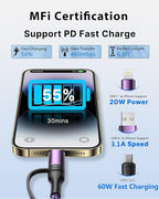 4 in 1 Charging Cable 2Pack 6.6ft 60W Fast Charging USB C Cable 20W iPhone Charger Cord Lightning Cable Multi Charging Cable with Lightning/Type C/USB A Port for iPhone 16 15 14/Samsung/iPad/MacBook