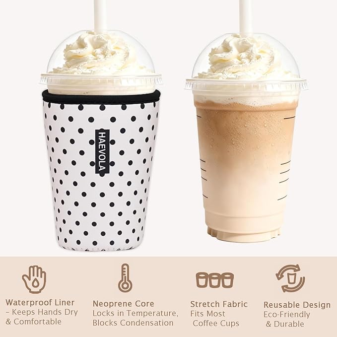 Reusable Insulated Neoprene Iced Coffee Cup Sleeve, Durable Drink Sleeve for Cold Beverages, Beverage Holder for Iced Coffee, Black Polka Dots