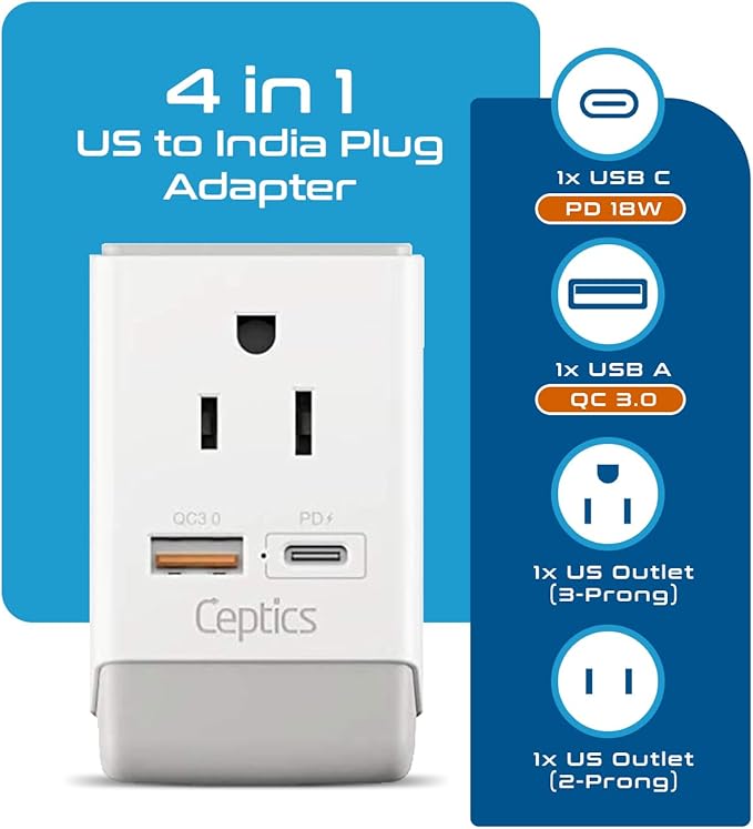 Ceptics India Maldives Power Plug Adapter Travel QC 3.0 & PD, Safe Dual USB & USB-C - 2 USA Socket Compact & Powerful - Use in Pakistan Nepal Sri Lanka - Type D AP-10 - Fast Charging