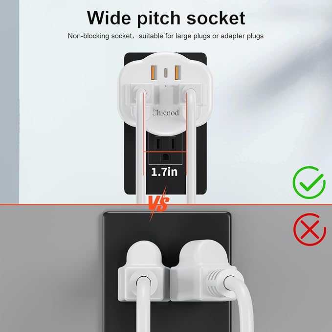 5 in 1 Wall Outlet Extender with USB & Type-C, Surge Protector, 2 AC Outlets, 1050J Fireproof, ETL/FCC Certified, Compact for Travel, Office, Home