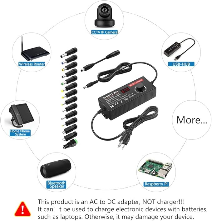 SHNITPWR 4V - 12V Power Supply 10A 120W AC to DC Adapter DC 4V 4.5V 5V 6V 7V 8V 9V 10V 11V 12V Voltage Adjustable Universal Power Converter Transformer 100-240V AC In with 14 Tips & Polarity Converter