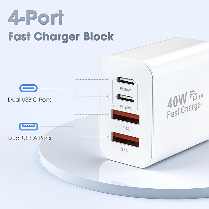 USB C Charger Block, 2 Pack 40W 4-Port iPhone Charger Fast Charging Multiport PD 3.0 & QC 4.0 Double Quick Charge, Compatible with iPhone 17/16/15/14/13/12/11，Pro Max，iPad, Samsung (2, Ivory White)