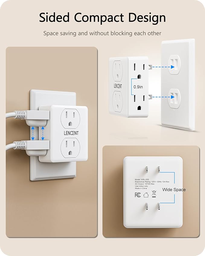 LENCENT 2 to 3 Prong Outlet Adapter, 2 Pack 2 Prong Power Strip, 6 Widely Spaced Sockets Extender, 3-Sided Wall Plug Splitter, 1875W Max, Compact Wall tap for Non-Grounded Outlets in Old House Hotel