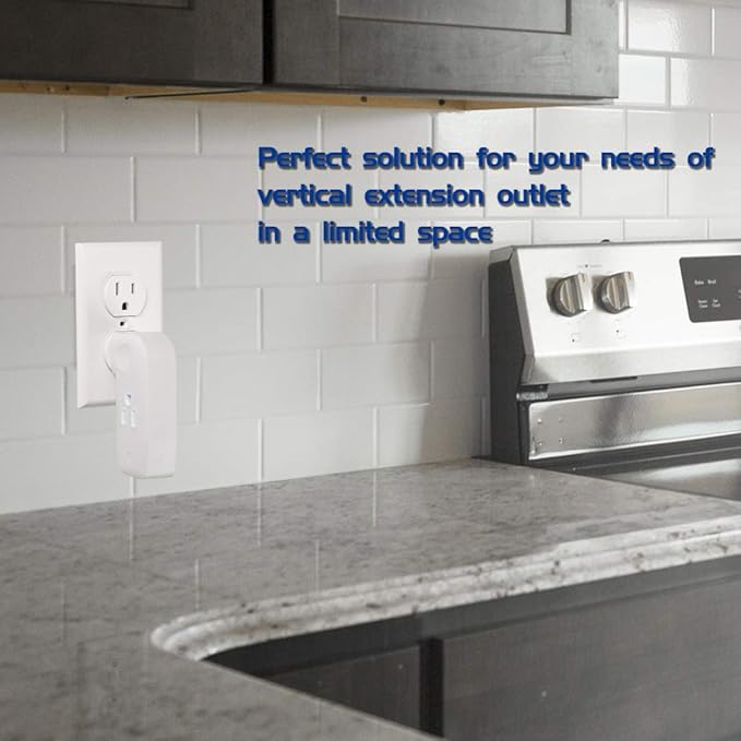 3 Way Vertical Outlet Wall Tap Outlet Splitter Extender with 3 Prong Plug for Behind Furniture, Turn One Outlet Into Three, 2 on the Right Side and 1 on the Left Side, White, ETL Listed