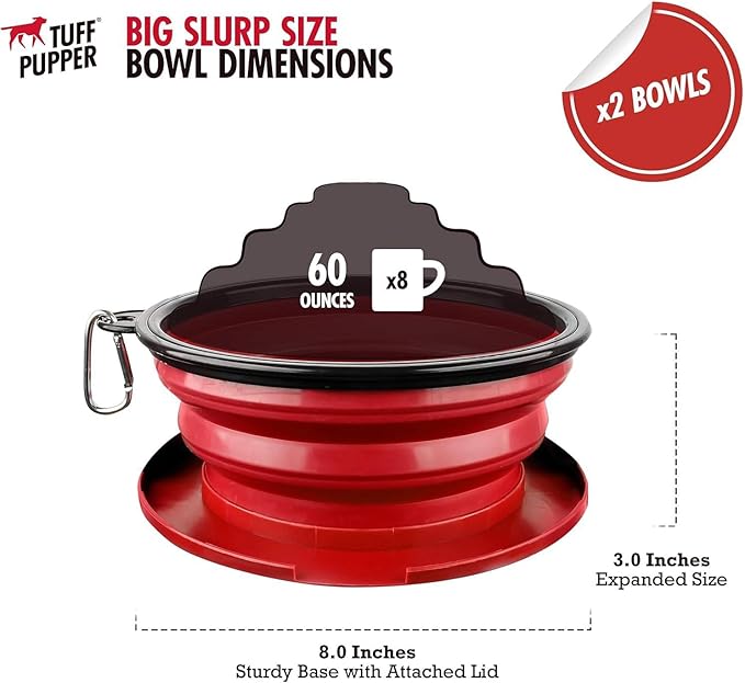 Tuff Pupper SuperBigSlurp Collapsible Dog Bowls | Two Pack Bowls | Extra Large Capacity | Portable, Food Safe, Odorless | Non-Toxic Silicone [Two Pack Red Bowls 60oz]
