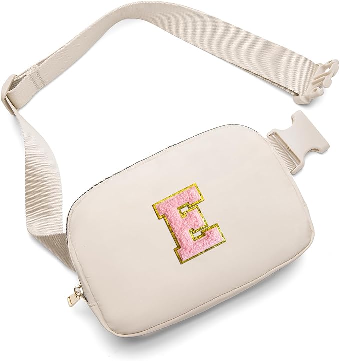 Gitus Belt Bag Fanny Pack Crossbody Bags with Initial Letter Patch Cute Stuff Birthday Gifts for Teenager Girls Trendy Preppy Stuff for Teen Girls(Beige-E)