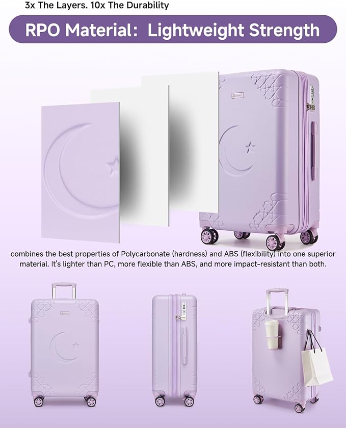 Somago Expandable Carry On luggage with Shock-Absorbing Braking Spinner Wheels Moon Star Design Hard Shell Suitcase with Cupholder TSA Lock (Light Purple,Expandable 20 Inch)