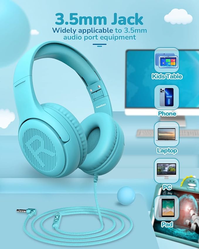 awatrue Kids Headphones for School Travel, 85/94dB Safe Volume Limit, 3.5mm Jack, HD Mic, Portable Wired Headphone with Shareport, Stereo Sound On-Ear Headphones for Toddler Kids Girls Boys Blue