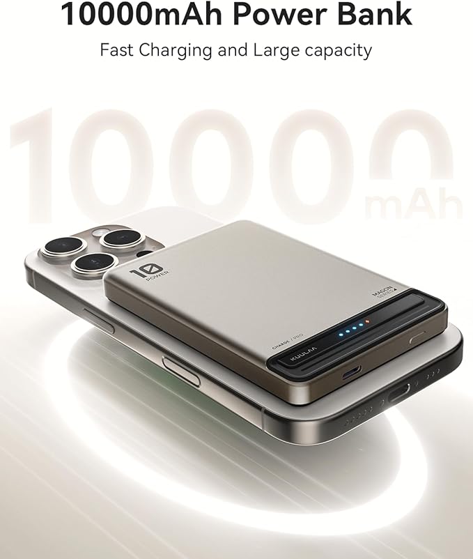 Kuulaa 10000mAh MagSafe Battery Pack, 0.51in Ultra Slim Magnetic Power Bank with LED Indicator, 20W PD USB-C Fast Charging Portable Charger for iPhone 17/16/15/14/13/12, Titanium