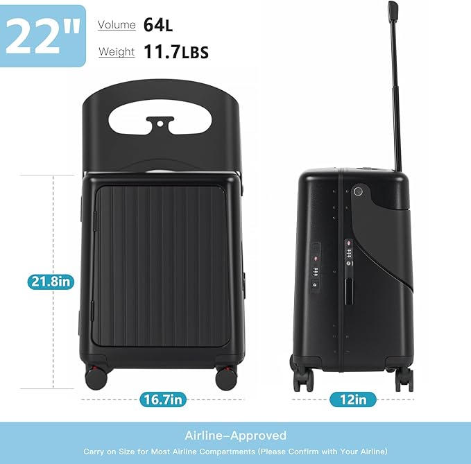 advwin 22" Ride On Luggage with Seat for Kids & Adults, Lightweight Hardside Ride-On Suitcase with Front Opening, TSA Lock, 360° Spinner Wheels, Black