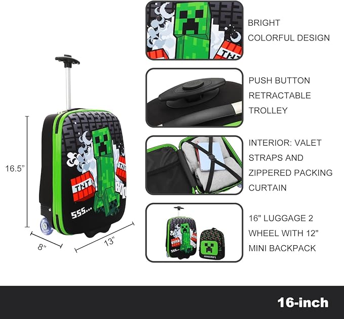 Bioworld Minecraft Creeper 2-Pack Carry On Luggage Set