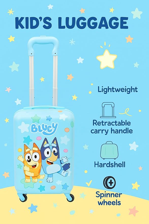 Fast Forward Bluey 20" Hardshell Luggage - Cute & Durable Hard-side Suitcase for Travel with Spinner Wheels 20"x12"x8"