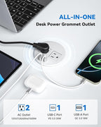 Desktop Power Grommet with 20W USB C Fast Charging, 3 inch Flush-Mount Recessed Power Strip for Desk,Office Tables,Furniture, Recessed Outlet 6FT Cord, 45° Thin Flat Plug, 2 USB Ports, White