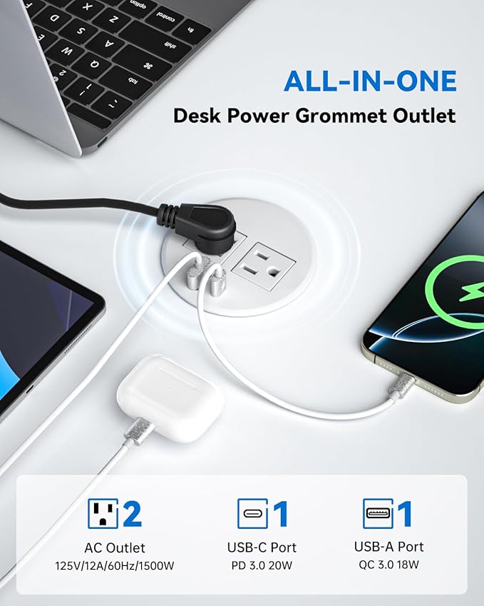 Desktop Power Grommet with 20W USB C Fast Charging, 3 inch Flush-Mount Recessed Power Strip for Desk,Office Tables,Furniture, Recessed Outlet 6FT Cord, 45° Thin Flat Plug, 2 USB Ports, White