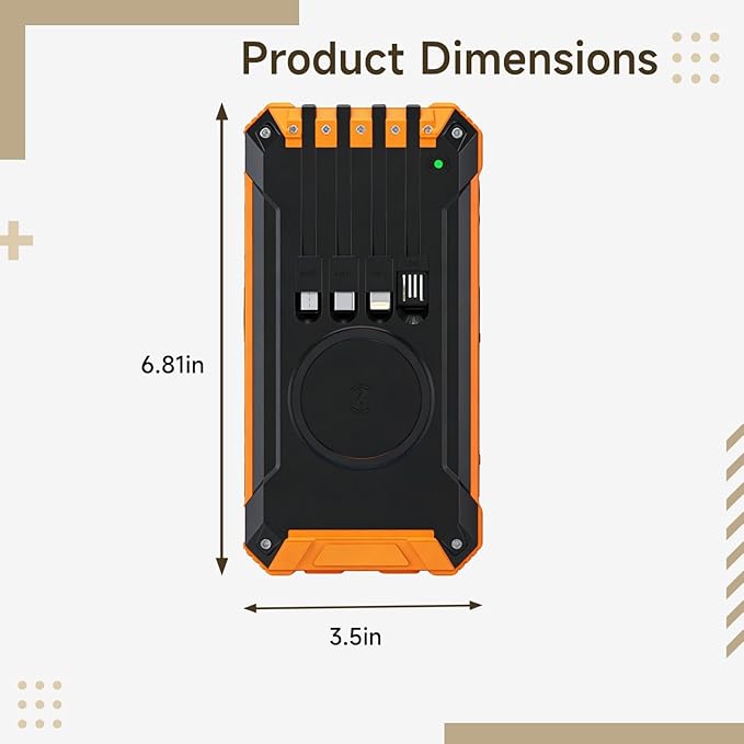 20000Mah Solar Charger Power Bank for Outdoor Use, Wireless Charging, Dual USB Outputs, with Led Lights, Orange and Black, Portable Sizing 6.8 X 3.5 X 1.1 in