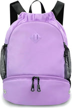 RHDZO Drawstring Backpack Gym Backpack with Shoe Compartment for Men Women String Sports Bag with Wet Pocket Cinch Swim Beach Bag, Large Purple