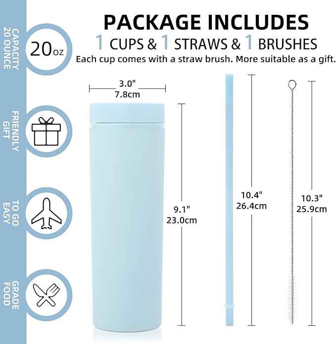 Volhoply 20oz Plastic Skinny Tumbler,Double Wall Tumblers with Lid and Straw,Reusable Travel Iced Coffee Mug,BPA Free Matte Acrylic Water Cups With Straw for Parties,DIY Gifts(Blue, 1 Set
