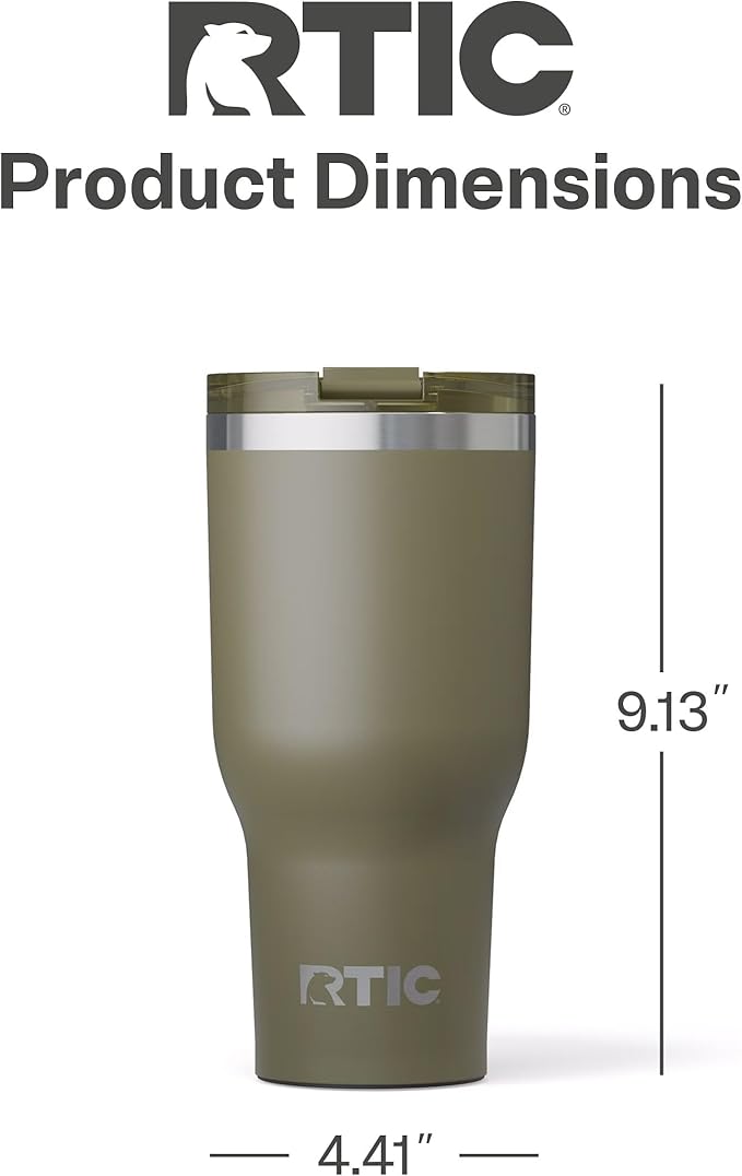 RTIC 40oz Essential Tumbler with Lid, Ceramic Lined, Insulated, Stainless Steel, Metal, Double Wall Vacuum-Insulation, Travel Cup for Iced Coffee, Tea, Hot and Cold Drink, Olive
