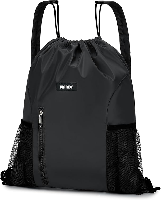 WANDF Drawstring Backpack with Shoulder Pad Sports Gym Backpack with Mesh Pocket String Bag for Women Men(Black)