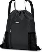 WANDF Drawstring Backpack with Shoulder Pad Sports Gym Backpack with Mesh Pocket String Bag for Women Men(Black)