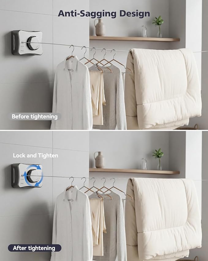 17.7 Ft Retractable Clothesline, Non-Sagging Wall Mounted Laundry Line with 10Pcs Clothespins, Heavy Duty Auto Retracted Indoor Outdoor Clothes Line for Bathroom Balcony Apartment RV Travel, 44LB MAX