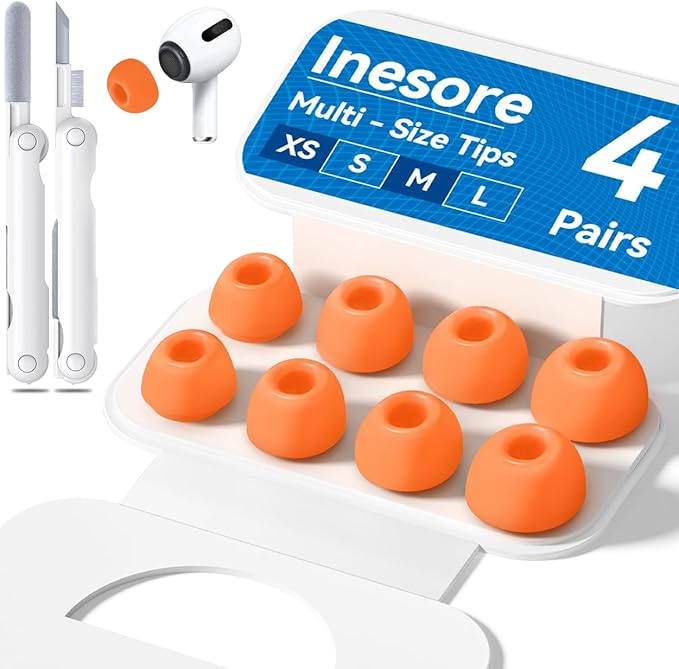 4 Pairs Replacement Ear Tips for AirPods Pro 2nd/1st Generation with Portable Storage Box & Cleaner Pen,Noise Reduction Holewith & Built-in dust Guard Screen,Silicone EarTips(Orange)
