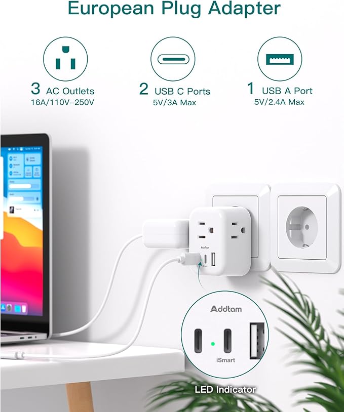 European Travel Plug Adapter, Addtam International Power Adapter with 3 Outlets 3 USB Charging Ports(2 USB C), Type C Adapter Travel Essentials to Most Europe EU Spain Italy France