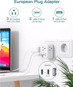 European Travel Plug Adapter, Addtam International Power Adapter with 3 Outlets 3 USB Charging Ports(2 USB C), Type C Adapter Travel Essentials to Most Europe EU Spain Italy France