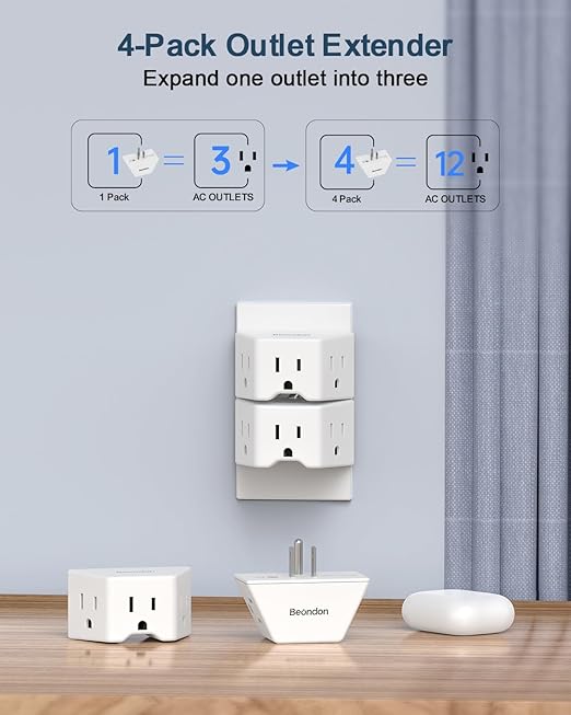 BEONDON 4-Pack Wall Outlet Extender, Small Multi Plug Wall Outlet, 3 Way Angled Outlet Splitter, Cruise Ship Essentials, 3 Prong Grounded Outlet Expander for House, Hotel, Dorm, Hostel
