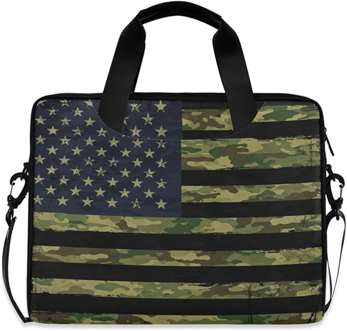 American Flag with Camouflage Grunge Laptop Bag Case 13 14 15.6 inch Laptop Messenger Bag Crossbody Briefcase for Men Women with Shoulder Strap Handle