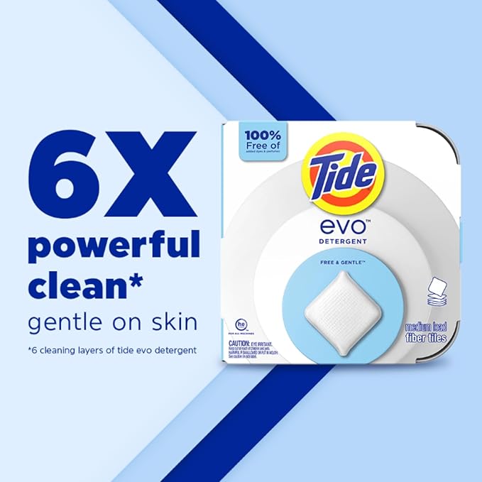 Tide evo Free & Gentle Tiles Fragrance Free Hypoallergenic Laundry Detergent Fiber Tiles for Sensitive Skin Works on 100% of Common Stains Safe for All Machines & Water Conditions,40 Count (Pack of 4)