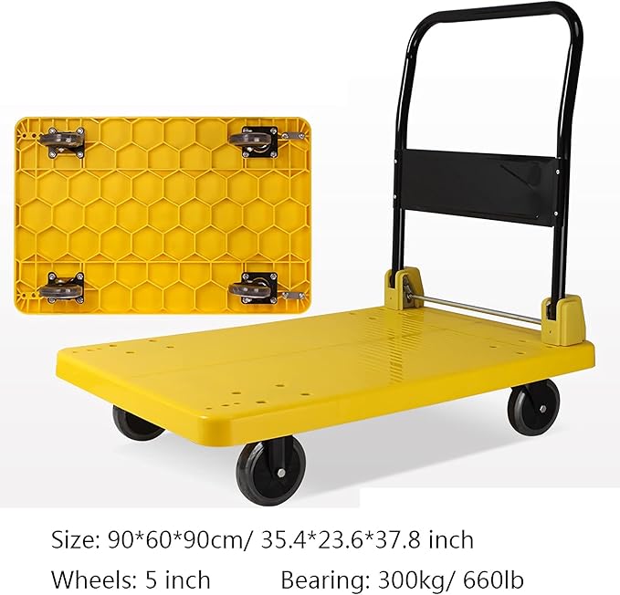 Heavy-Duty Folding Platform Cart with Wheels - Large Plastic Loading Deck Metal Handle Ideal for Luggage Packages and Tools Portable Hand Truck for Easy Transport