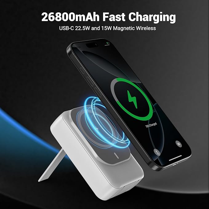 Magnetic Wireless Power Bank 26800mAh, PD 22.5W Type-C Fast Charging Portable Charger 5 Outputs, Battery Pack for Magsafe Built in 2 Cables with Stand LED Display for iPhone 17/16/15/14/13/12-White