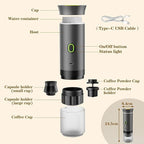 CAFFETTO - Portable 3-in-1 Coffee Maker (Capsule & Ground) - USB-C self-heating espresso machine - 20-bar pump pressure, 7500mAh battery - One-touch operation, detachable parts - Grey