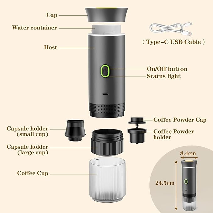 CAFFETTO - Portable 3-in-1 Coffee Maker (Capsule & Ground) - USB-C self-heating espresso machine - 20-bar pump pressure, 7500mAh battery - One-touch operation, detachable parts - Grey