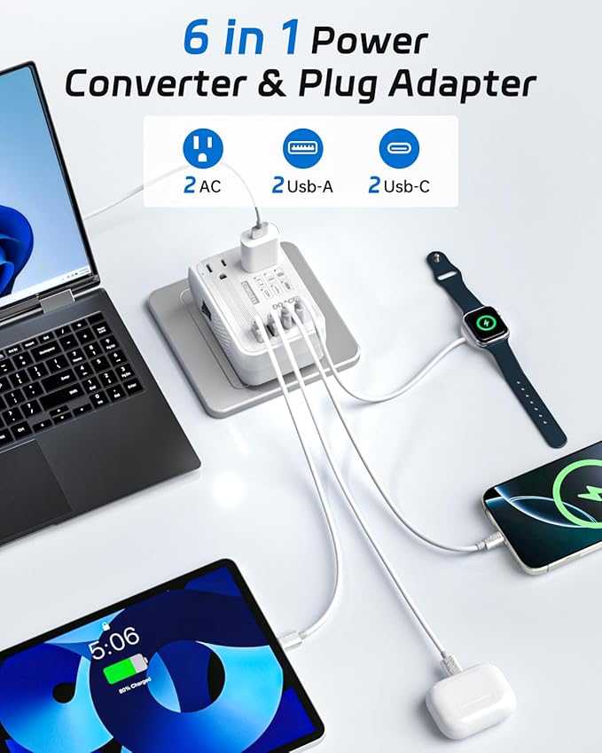 DOACE 220V to 110V Converter - 350W Cordless Voltage Converter US to Europe Power Adapter Combo with 4-Port USB Charging & Worldwide Plugs (UK/AU/US/EU) for Hair Straightener, Curler, Phone