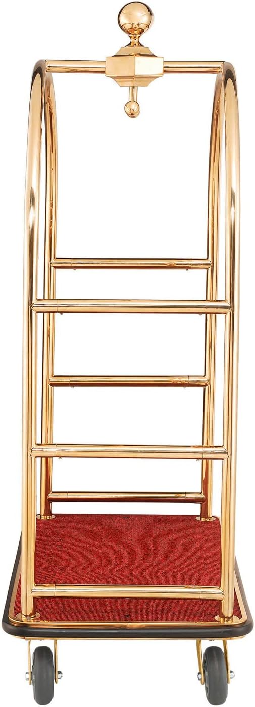 Global Industrial Gold Stainless Steel Bellman Cart Curved Uprights 6" Rubber Casters, 41-1/4"L x 24" W x 73" H, Hotel Luggage Cart for Commercial Use, Condos, Resorts