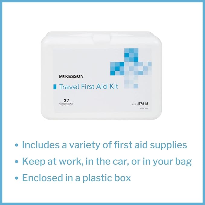 McKesson First Aid Kit - Travel Ready Portable Emergency Supplies for Minor Wound Care - Adhesive Bandages, Gauze Pads, Antiseptic Wipes, Burn Cream - Ideal for Travel, Car & On-The-Go - 37 Pieces
