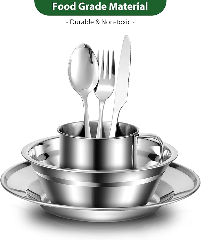 Odoland 29pcs Stainless Steel Utensils Camping Mess Kits with Bowls Plates Cups Forks Spoons and Knives for 4, Camping Cutlery Set for Backpacking, Outdoor Hiking and Picnic